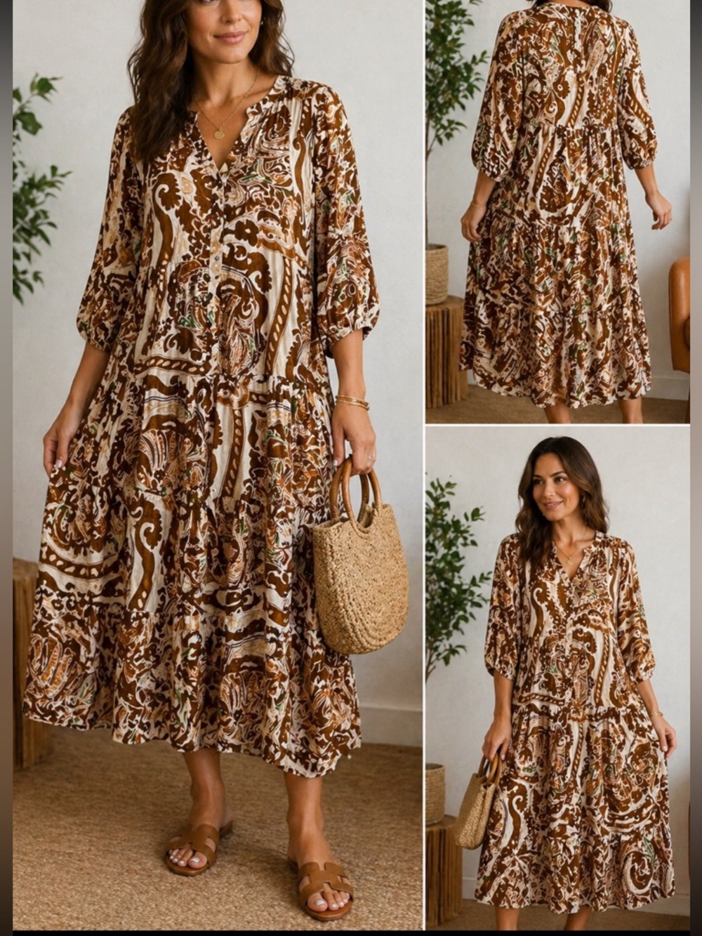 Made in Italy Silk Blend Paisley Boho Midi Tiered Maxi Dress One Size Boho